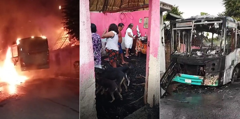 Se quema un autobús de Turis Tetiz el cuan incendia una casa de Kinchil