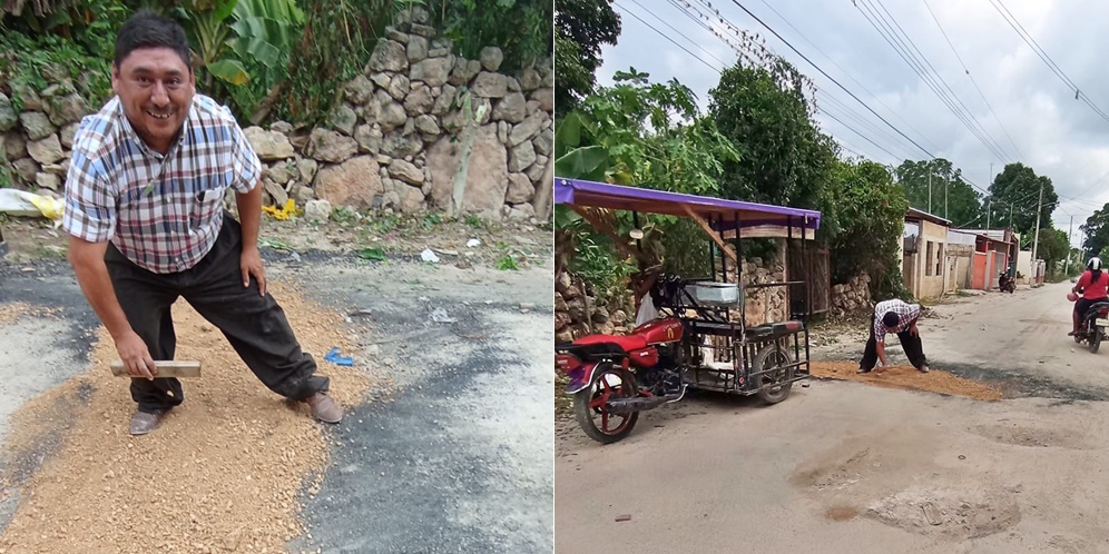 Panista avergonzado de su alcalde repara una calle de Tekax, porque la Comuna no lo hace